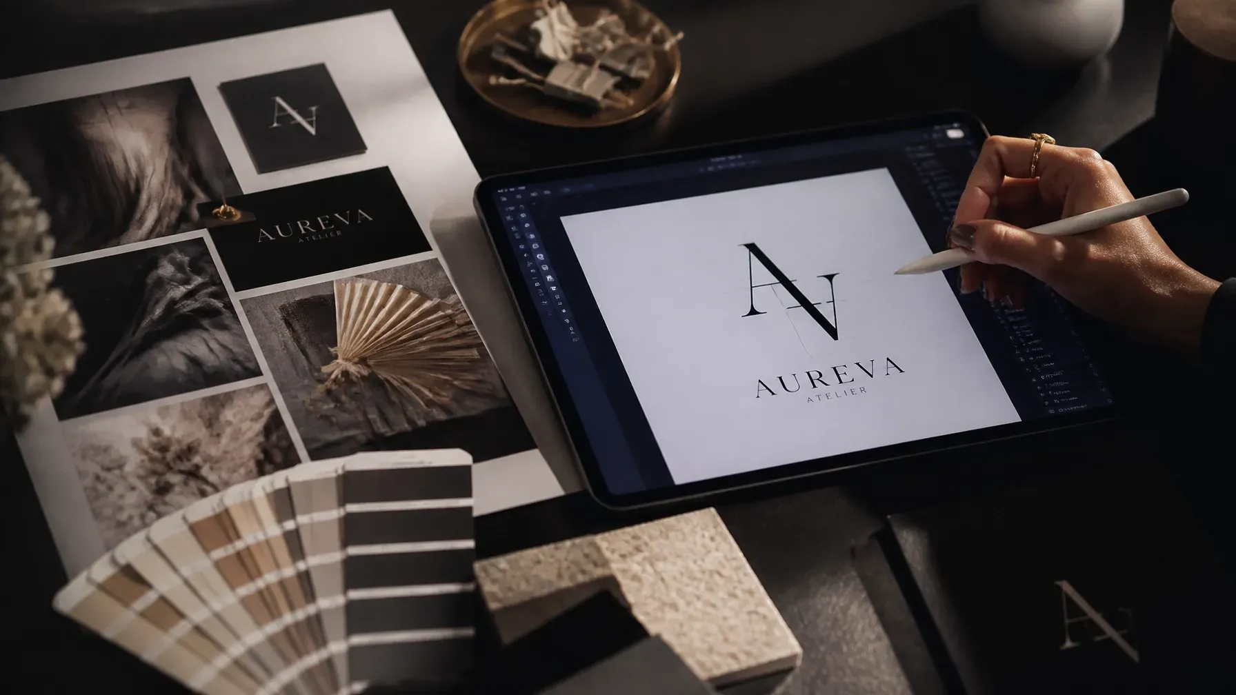 Two collaborators reviewing brand materials together at a desk