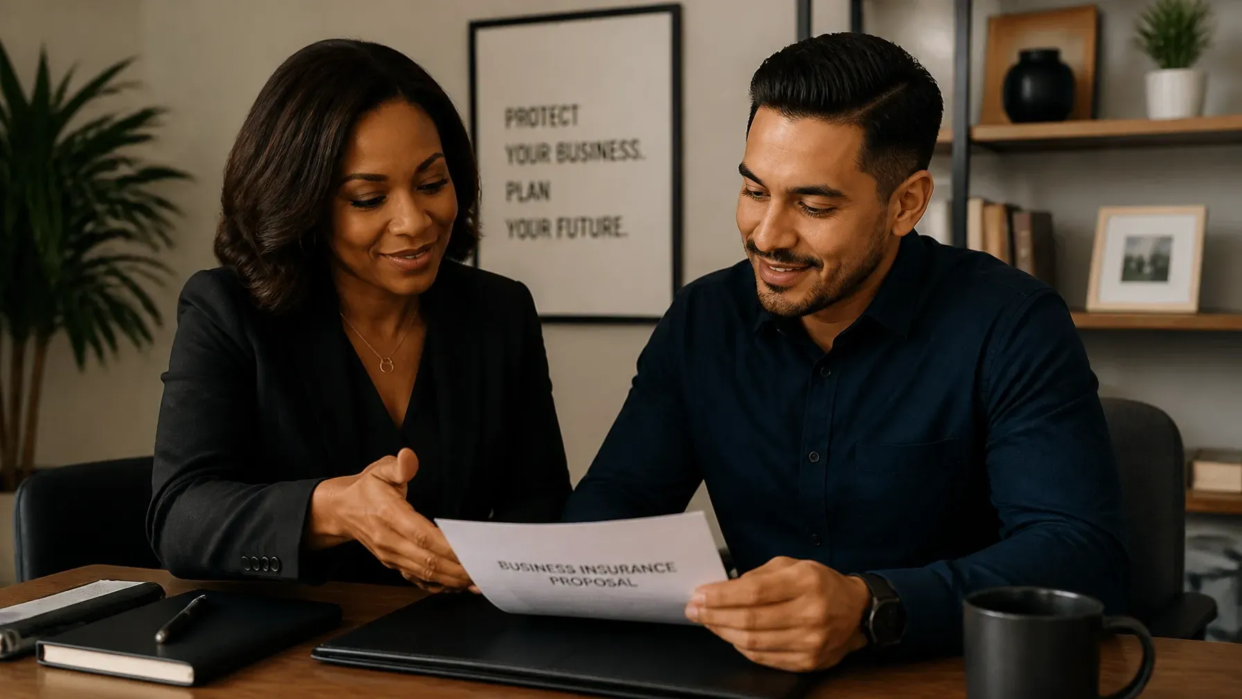 Consultant meeting with a business owner over a proposal at a desk