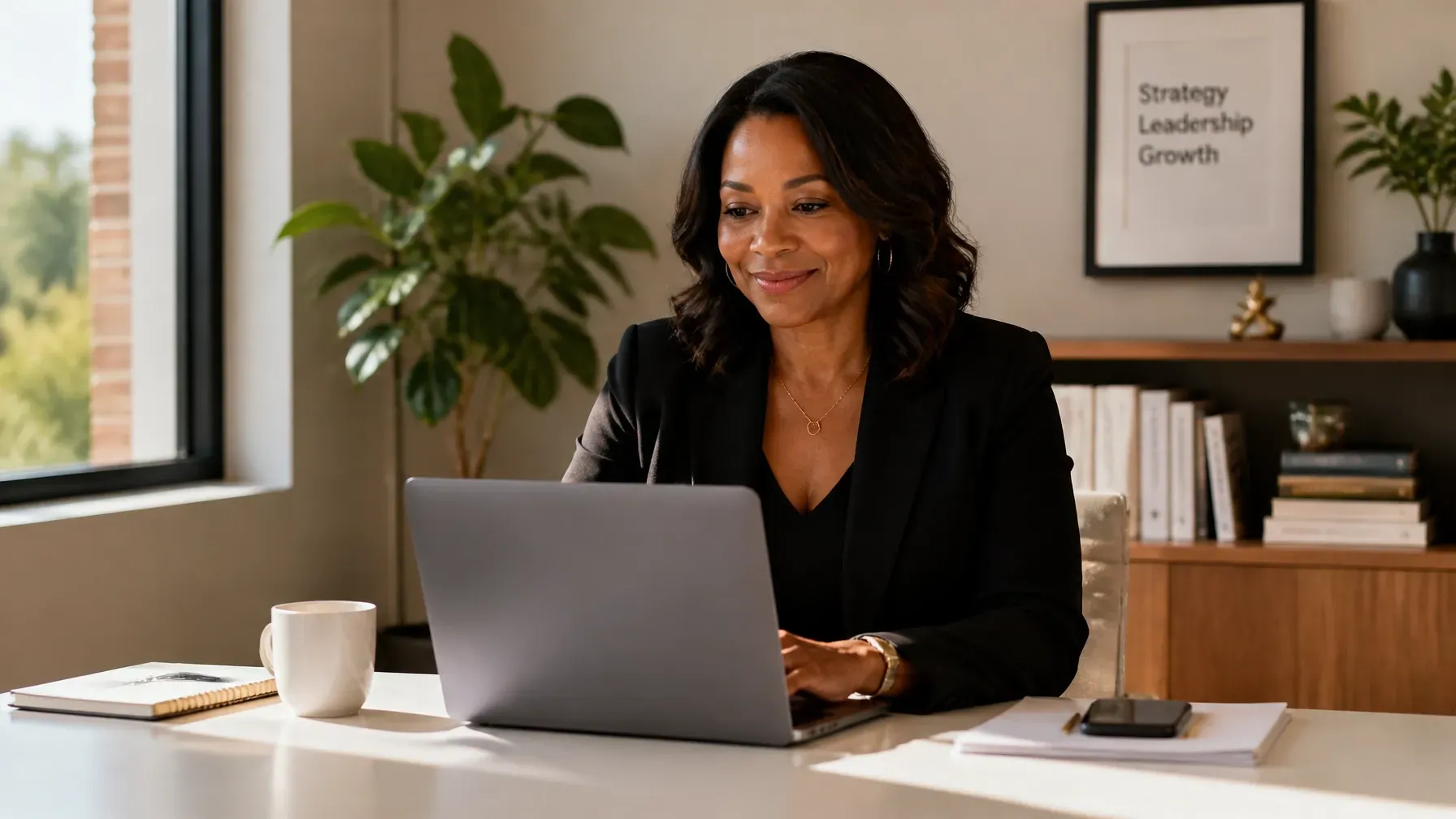 Executive working at a desk with a laptop in a bright office